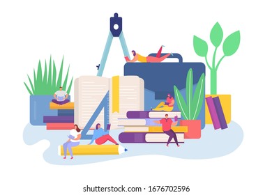 People reading books concept with tiny women men, students sitting on huge books, textbooks and read vector illustration. Readers books festival, education concept.