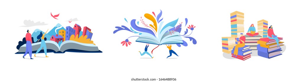 People reading books, creative imagination concept, flat style vector illustration. Open book fantasy literature, read novel and fairy tale. Creative people cartoon character, set of isolated concepts