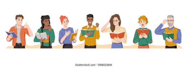 People reading books different emotions of surprise and interest, shock and empathize. Vector multi ethnic man and woman with novels or poetry in hands, feelings of flat cartoon characters, literature