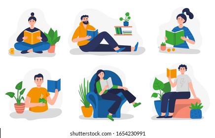 People reading books in different places. Set of Vector illustration in modern flat style can be used by libraries, book fairs, stores, schools or e-commerce.