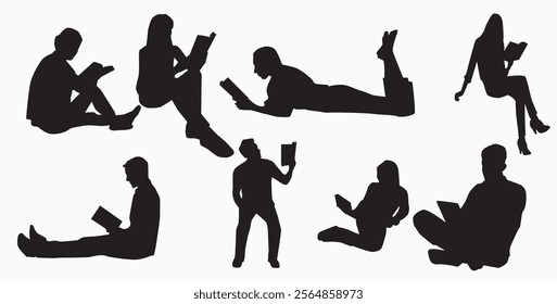 People reading books in different poses silhouettes. 