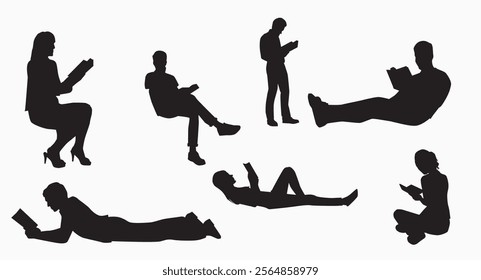 People reading books in different poses silhouettes. 