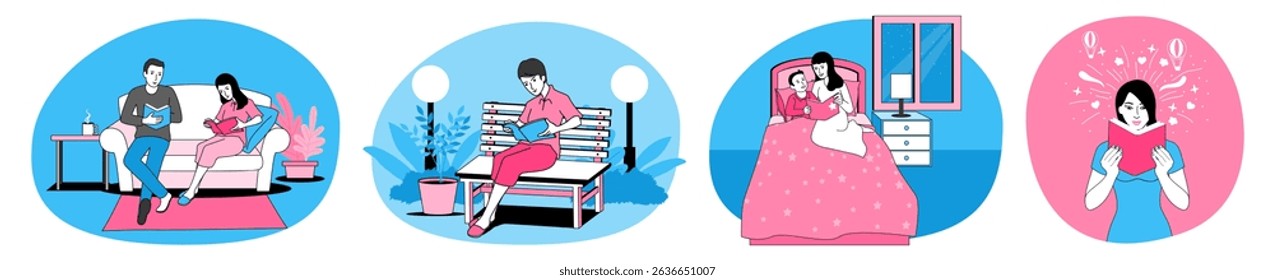 People reading books in different relaxing environments, a couple reading on a sofa, a girl reading on a park bench, a mom and her son reading in bed, and a woman inspired by a book