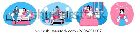 People reading books in different relaxing environments, a couple reading on a sofa, a girl reading on a park bench, a mom and her son reading in bed, and a woman inspired by a book