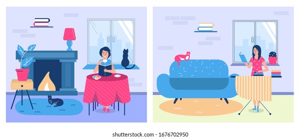 People reading books and education at home, women with textbooks while doing homework vector lineart illustration. Reading books, knowledge home education concept.
