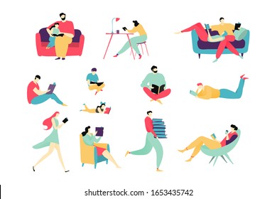 People reading books, flat cartoon characters set, isolated on white, vector illustration. Man and woman read book, people in different poses, father and daughter together. Leisure hobby isolated set