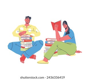 People reading books, gaining knowledge and expanding education, flat cartoon vector illustration isolated on white background. People reading books for online library and e-books app.