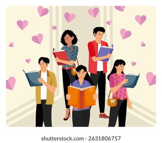 People reading books. A group of men and women reading reading books in a decorative environment with heart-themed designs, promoting education, self development, and love for learning.