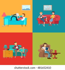 People reading books in home living room interior, set, vector illustration. Woman and man reading literature sitting on sofa and armchair, flat style. 