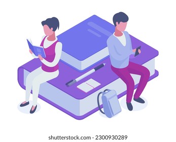 People reading books. Isometric students education, man and woman reading on huge books pile. Book library concept 3d vector illustration