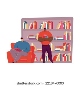 People reading books in library flat vector illustration. Cartoon characters sitting on sofa and chairs near bookshelves and learning. Knowledge and education concept