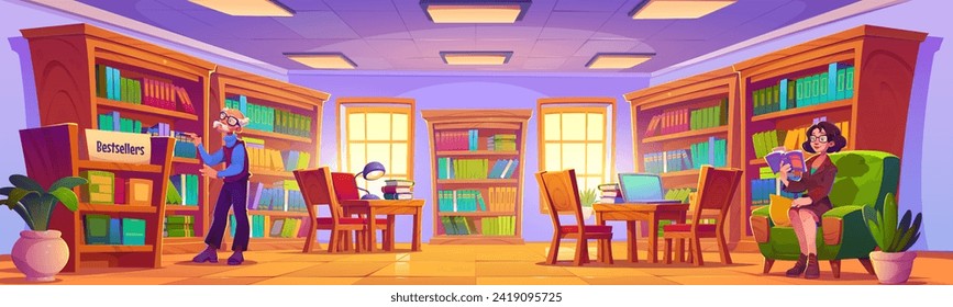 La gente lee libros en la biblioteca. Dibujo vectorial de un anciano cerca de una estantería, una mujer inteligente sentada en un sillón en una librería, librerías de madera con libros más vendidos de literatura, laptop en la mesa