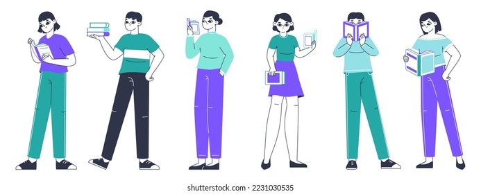 People reading books. Literature fans, people standing in line with books in hands, book lovers flat vector illustration on white background