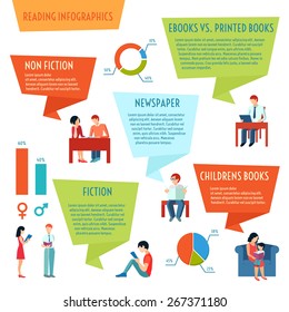 People reading books magazines and newspaper infographics set with charts vector illustration