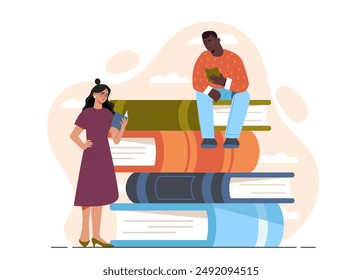 People reading books. Man and woman sitting on large stack of textbooks. Love of reading and literature. Education and self development. Bookworms friends. Flat vector illustration