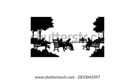 People reading books on park benches surrounded by trees and shrubs silhouette illustration for peaceful outdoor study areas.