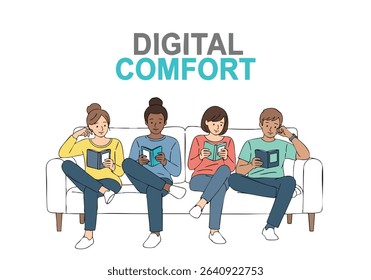 People reading books on sofa together