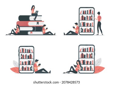 People are reading books. Online education. Colored flat vector illustration. Isolated on white background.