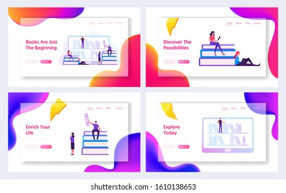 People Reading Books in Online Library Website Landing Page. Male and Female Characters Students Using Mobile Application for E-books Research and Read Web Page. Cartoon Flat Vector Illustration