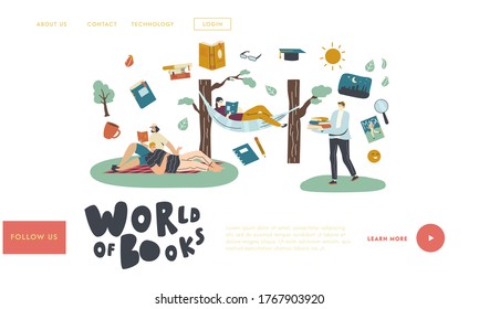 People Reading Books Outdoor Landing Page Template. Happy Characters Open Air Sparetime with Interesting Books. Men Women Spend Time Relaxing and Read Literature on Nature. Linear Vector Illustration