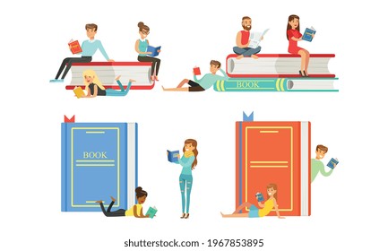 People Reading Books Set, Tiny Students Sitting on Stack of Textbooks Studying or Preparing for Exams, Book Lover, Literature Fan Cartoon Vector Illustration