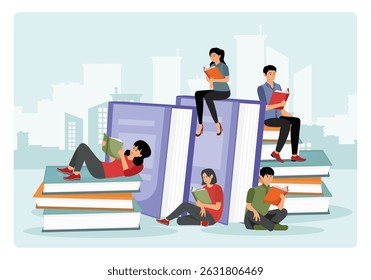 People Reading Books, showing diverse students sitting and reading books perched atop large books in an urban city backdrop.