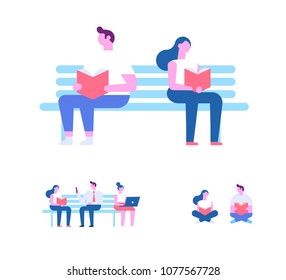 People reading books sitting on the bench. Love reading.  Cartoon flat vector illustration isolated on white background.