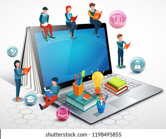 People are reading books sitting on a laptop. Online education concept. Vector illustration.