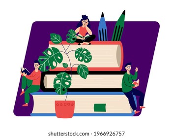 People reading books. Students on book pile, library or education concept. Bookstore illustration, dreaming girl and clever boys vector characters