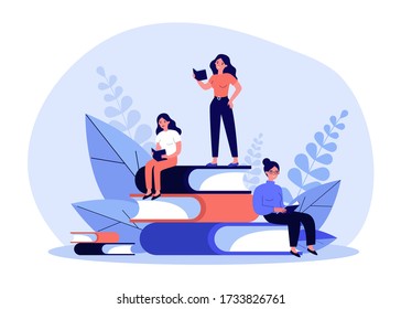 People reading books. Students studying textbook, doing homework. Vector illustration for literature, library, learning at home, education, knowledge concept