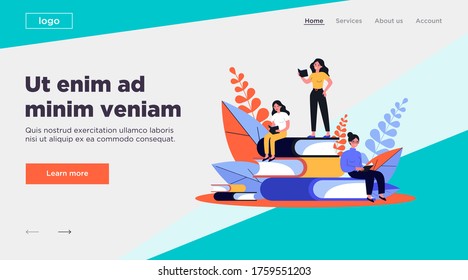 People reading books. Students studying textbook, doing homework. Vector illustration for literature, library, learning at home, education, knowledge concept