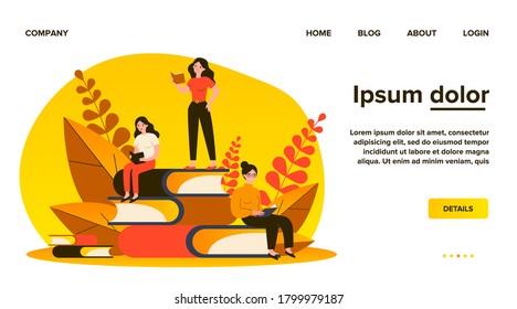 People reading books. Students studying textbook, doing homework. Vector illustration for literature, library, learning at home, education, knowledge concept