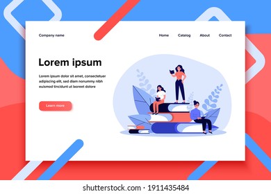People reading books. Students studying textbook, doing homework. Vector illustration for literature, library, learning at home, education, knowledge concept