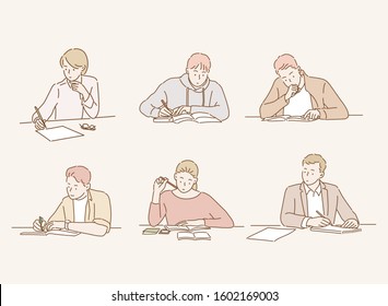 People reading books and study. Hand drawn style vector design illustrations.