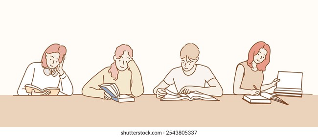 Pessoas lendo livros e estudando. 
 Ilustrações de design de vetor de estilo desenhado à mão.