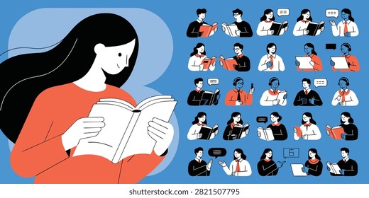 People reading books and studying together collection of icons with studying education learning characters students knowledge literacy