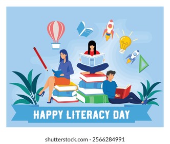 People reading books, symbolizing education, learning, and imagination, with icons like rockets, light bulbs, and a hot air balloon representing creativity. Flat vector modern illustration