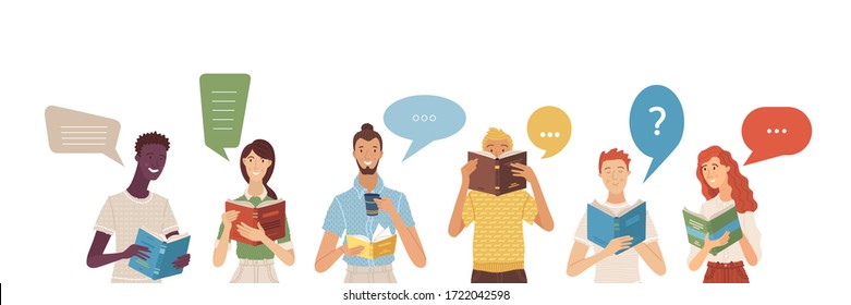 People reading books and talking about them. Happy young men and women holding opened books with speech bubbles in cartoon style. Satisfied students studying vector illustration. Literature fans