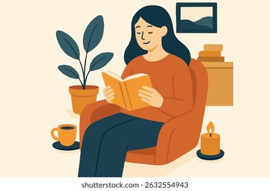 people reading books with tea and houseplants in a warm room.