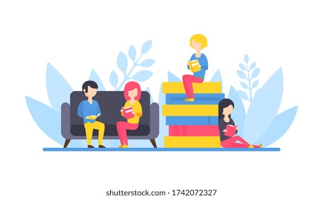 People Reading Books, Tiny Girl Sitting on Pile of Books, Students Relaxing and Reading Together Flat Vector Illustration