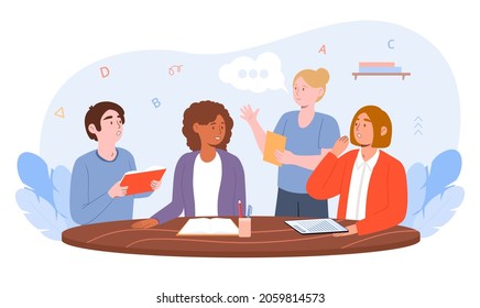 People reading books together. Library, students read textbooks. Study of material, training. Group of friends sitting at table. Cartoon flat vector illustration isolated on white background