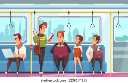 People reading books in underground background with transport symbols flat vector illustration