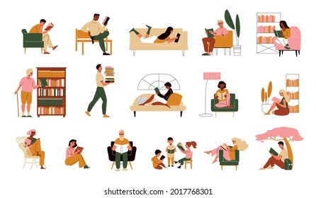 Gente leyendo libros en varios lugares iconos planos establecidos aislados en ilustración vectorial de fondo blanco