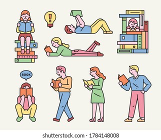 La gente está leyendo libros en varios puestos de la biblioteca. estilo de diseño plano ilustración vectorial mínima.