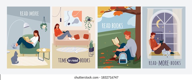 People reading books vector background covers, posters collection. Pattern set of men and women comfortable sitting and read literature isolated on white. Typography quote text.