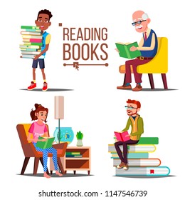 People Reading Books Vector. Big Stack Of Books. Education. Paper Book. Library. Man, Woman, Old Man, Child. Isolated Flat Cartoon Illustration
