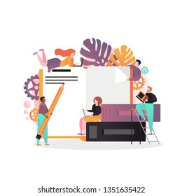 People reading books vector illustration. Cartoon characters with traditional paper books and e-books. Education, online reading, e-reader, digital library concept for web banner, website page etc.