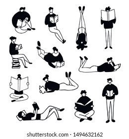 People reading books vector set