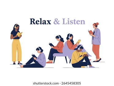 People reading books wearing headphones relaxing listening