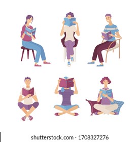 People reading books while sitting on floor and in chairs. Happy young men and women holding books characters in cartoon style. Satisfied literary fans and book lovers isolated vector illustration.
